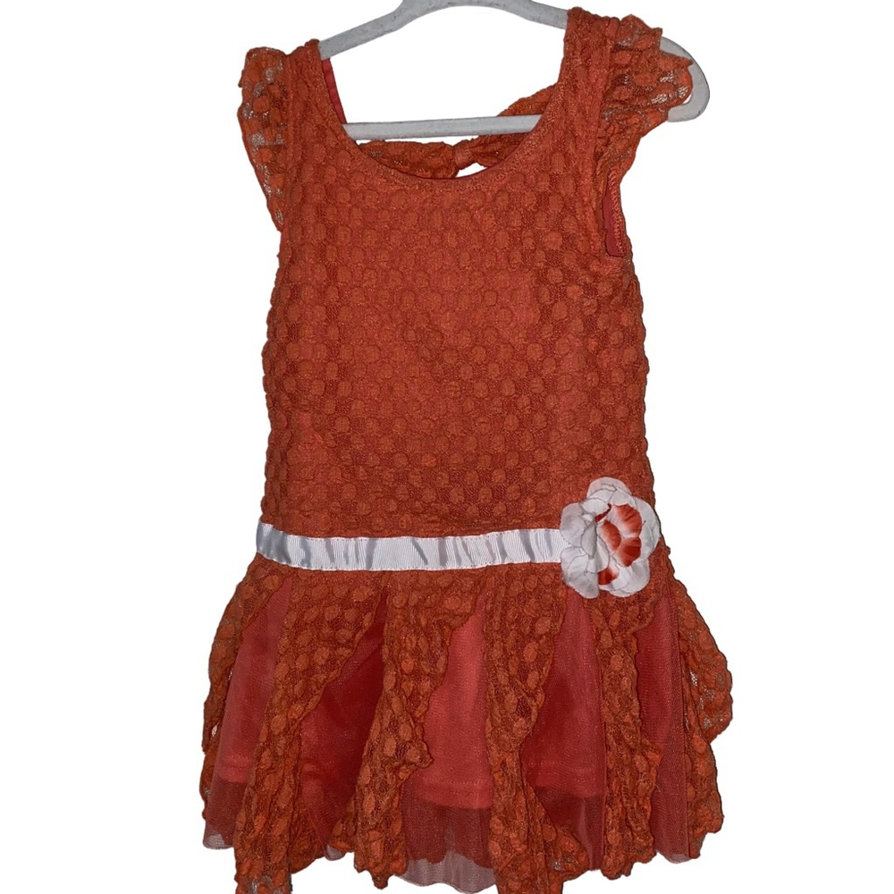 Girls Little Lass Orange Lace Ruffle Summer Dress with faux floral belt Size 4